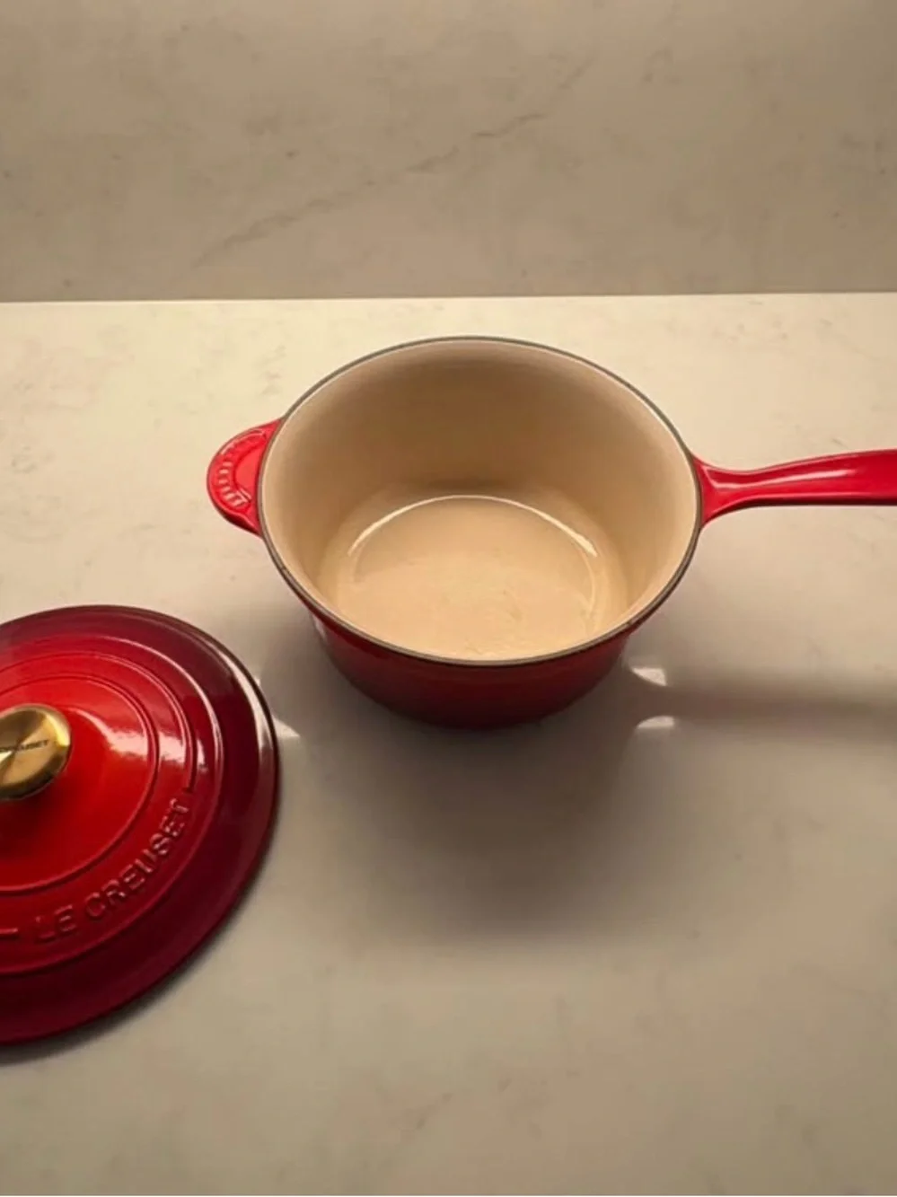 Le Creuset Red Signature Sauce Pan 2.25 quart with custom gold knob